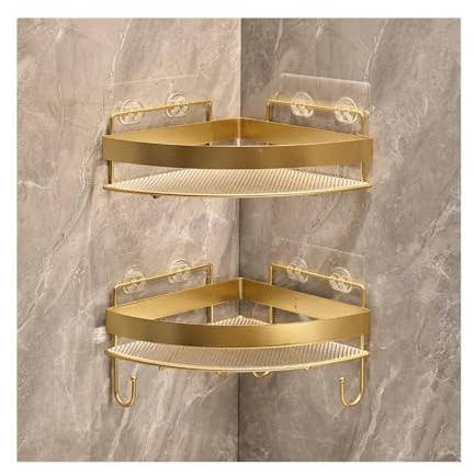 SOLBUM Duschregal 2er-Pack Eck-Duschregale mit Haken, dreieckige Duschregale zur Wandmontage, Dusch-Organizer aus Acryl ohne Bohren mit Metallzaun for das Badezimmer Halterung Dusche(Gold)