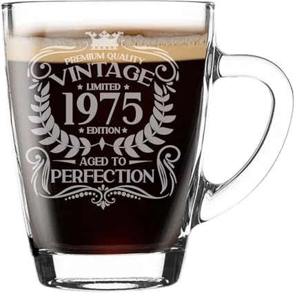 Taza de cristal grabada con texto en inglés Aged to Perfection, regalo para los amantes del café, taza de té, regalo para niños de 50 años, taza de café de 300 ml, divertida taza de regalo para