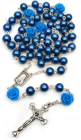 Kuesn Amethyst Catholic Rosary Necklace 6mm Purple Pearl Beads Rose Flower Cross Religious Necklace Dark Blue