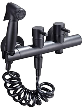 Bidet Sprayer Kit for Toilet with Spring Hose Bidet Attachment Faucet Sprayer Kit for Toilet Double Handle Hot And Cold Bathroom Toilet Bidet Mixer Spray Kit,Black