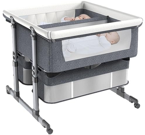 Mixtric Baby Beistellbett, Babybett Für Zwillinge, Tragbares Babybett Mit Stubenwagen, Kinderbett Mit Ablagekorb, 6-Fach Höhenverstellbarer Nachttisch Gegen Erbrechen,B