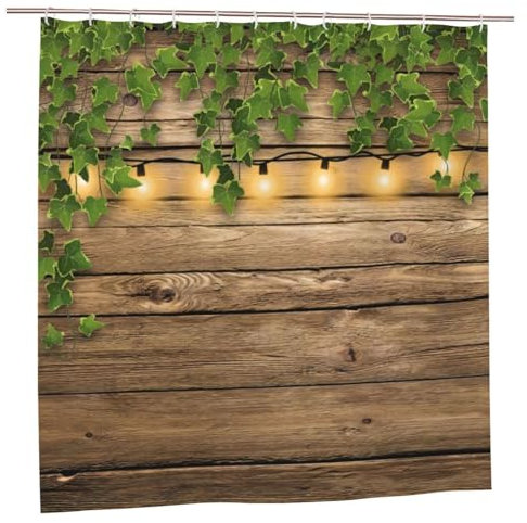 Vintage Wooden Board Door Outdoor Shower Curtain, Rustic Green Leaves on Farmhouse Country Wood Plank Garden Decoration, Waterproof Quick-Drying Bath Curtain with Hooks, 150X180cm/ 59X71 inch