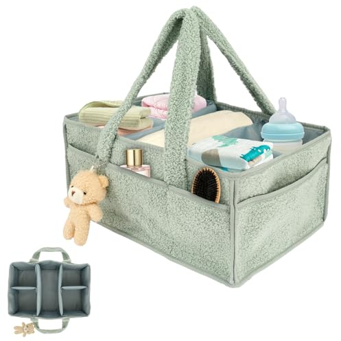 Baby Windel Caddy Organizer 38x25,4x17,8cm Plüsch Wickeltasche Organizer Doppelter Klettverschluss mit Wechselbaren Fächer Tragbar Wickelkorb für Babyzimmer Wohnzimmer Badezimmer Autos (1 x Hellgrün)