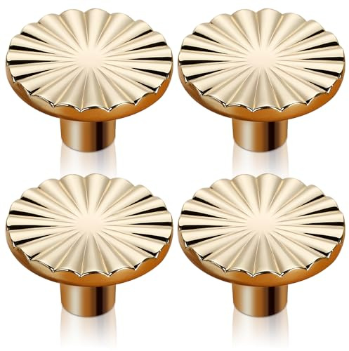 Brushed Gold Cabinet Knobs, 4 Pack Door Kitchen Hardware Cupboard Knobs, Brass Kitchen Solid Round Dresser Drawer Gold Drawer Handles Simple Cabinet Hardware for Drawers Cupboard Wardrobe