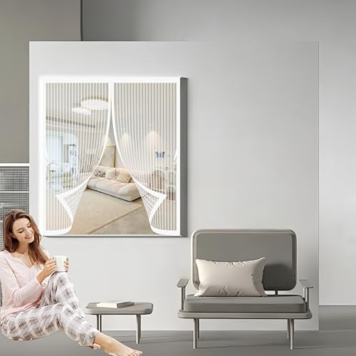 Magnet Fliegengitter Tür 112 x 90 cm Anpassbar, Lichtdurchlässig, Einfache Montage, Selbstschließend, Fliegen Gitter Fenster für Schlafzimmertür, Fenstertür, Weiß
