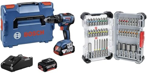 Bosch Professional 18V System Akku Schlagbohrschrauber GSB 18V-55 (inkl. 2x 4.0Ah Akku, Schnellladegerät GAL 18V-40) + 43x Extra Hard Schrauberbit-Set (197 x 110,5 mm, Zubehör)