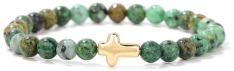 CYDXD Bracelet Croix en Pierre Naturelle,Perle D'Agate Verte de 6mm Avec Breloque Croix,Bracelets Élastiques Faits Main en Perles pour Hommes et Femmes,Cadeaux D'Amitié