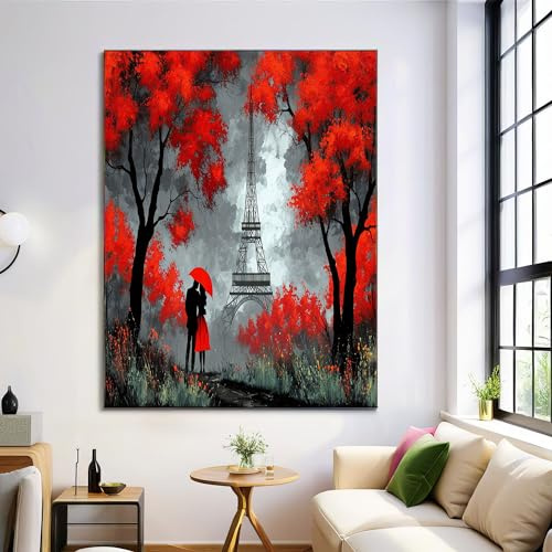 Affiches Tour Eiffel Forêt, Impressions Art Mural Sur Toile Peinture À L'Huile Abstraite, Tableau Poster Vintage Rouge Noir Décoratif Murale Pour Salon Chambre À Coucher, 70X100Cm, Sans Cadre