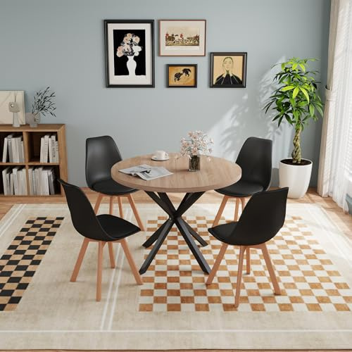 GrandCA HOME Esstisch mit 4 Stühlen, Esszimmer-Set, 100 * 100 * 75 cm, Runder Esstisch aus Holz, 4 Stühle mit Hoher Rückenlehne, Beine aus Holzbuche,(Hellbraun +Schwarz)