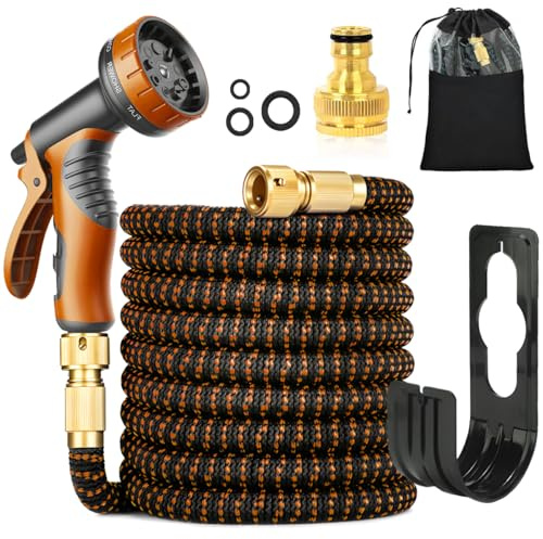 Tubo da giardino flessibile 30 m/100 FT verde arancione, con ugello spray e connettori in ottone da 3/4 e 1/2, tubo con 10 funzioni, 3 estensibili, senza pieghe, per giardino, pavimento, terrazza