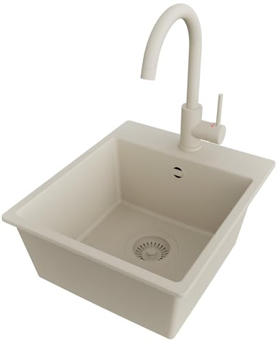 PRIMAGRAN Fregadero Granito al Mueble 40cm + Grifo, 38x44cm | Set: Grifo BW5010 + Kit de desagüe (sifón, válvula, rebosadero) + Riga Easy 1 Seno para Cocina, Todo Beige