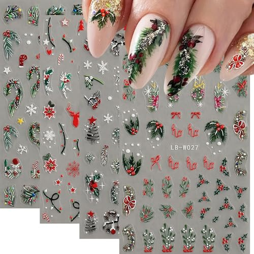 Nagelsticker Weihnachten, 5D Weihnachten Nail Art Sticker Selbstklebend Schneeflocke Winter Nagelaufkleber Christmas Nagel Sticker NagelDesign DIY Nageldesign Zubehör(4Blatt)