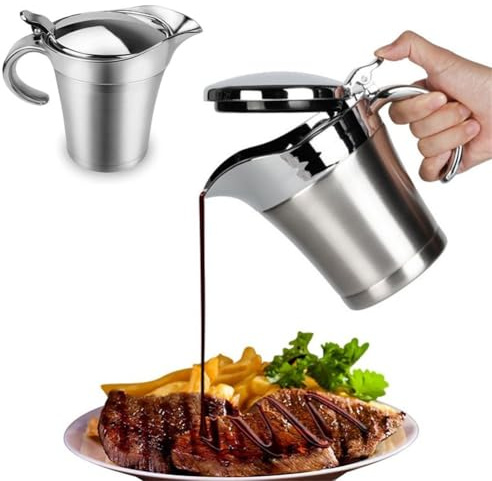 Gettimore Saucière isotherme à double paroi en acier inoxydable avec couvercle à charnière pour sauces chaudes et vinaigrettes, 450 ml/750 ml, argenté