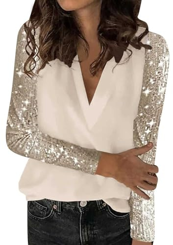 duaicnvow Glitter blustoppar för kvinnor trendiga avslappnade t-tröjor gnistrande paljetttopp elegant kortärmad rund hals klänning TeeShimmer glitter nyckelhål hals fest uppklädd topp, BEIgE, S