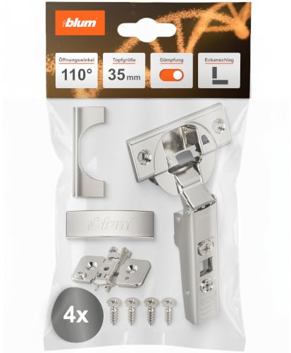 BLUM CLIP TOP BLUMOTION - Bisagra para muebles (2 unidades, 110°, recta, con muelle, tornillos, tope de esquina + placa de montaje en cruz excéntrica, acero, tornillos, distancia de 0 mm)