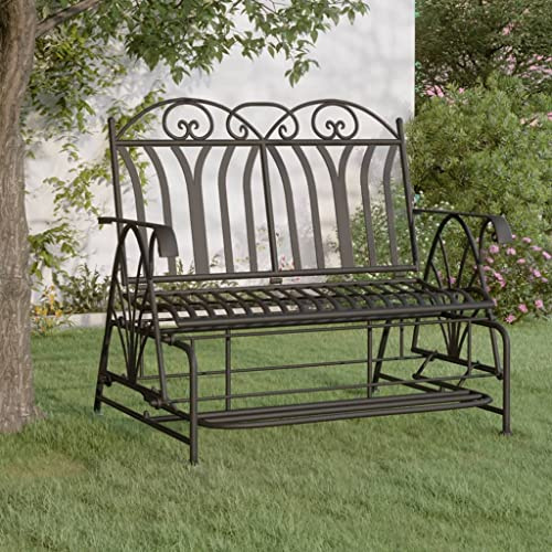 IBUQDDV Schaukelbank 2-Sitzer 114 cm Schwarz Stahl Gartenbank mit Schaukelmechanismus für Terrasse und Balkon, Wetterfeste Metall Konstruktion mit Bequemer Rückenlehne und Armlehnen,