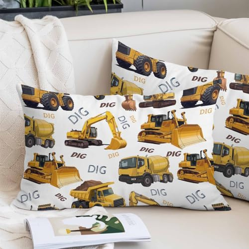Toddler Pillow Covers 16x24 Inch, Construction Truck Decorative Pillowcase with Zipper, Microfiber Pillow Protector, Cartoon Grips and Bulldozers Stirrup Car Breathable Throw Pillowcases for Sofa Bed