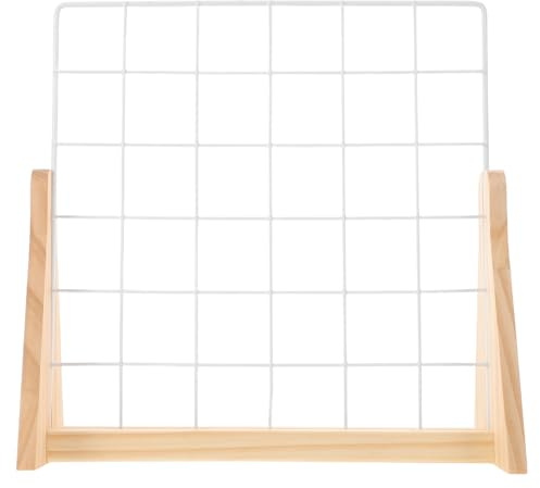 NOLITOY Rejilla de Alambre Metálico Pequeña con Base de Madera Maciza, Expositor de Joyas y Fotos Compacto para Exhibición Doméstica y Ferias de Artesanía, Organizador Decorativo