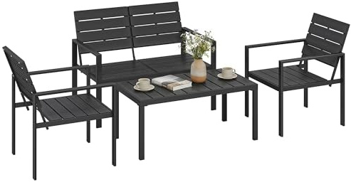 Outsunny Conjunto de Muebles de Jardín para 4 Personas, 4 Piezas, Negro | Sofá de Jardín, Sofá de 2 Plazas, 2 Sillones, Mesa de Centro, Estructura Metálica