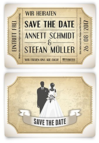 Personalisierte Save the Date Karten zur Hochzeit (20 Stück) - Vintage Brautpaar in Weiß