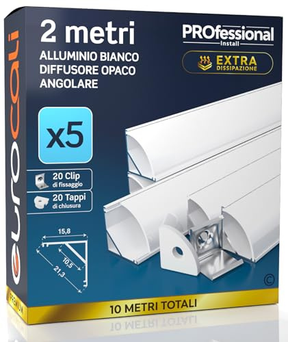 Eurocali 5x Profili Angolari da 2 metri (10mt) in Alluminio Bianco per Strisce LED Copertura Opaca ingombro max striscia led 10.5mm - 15.8 x 15.8