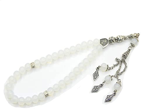 Perlin Gebetskette Tesbih Tasbih Tespih Misbaha Subha 33, 22cm, Muslimisches Islamic Rosenkranz Prayer Anbetungszubehör Halbedelstein Mondstein Perlen Rund 8mm