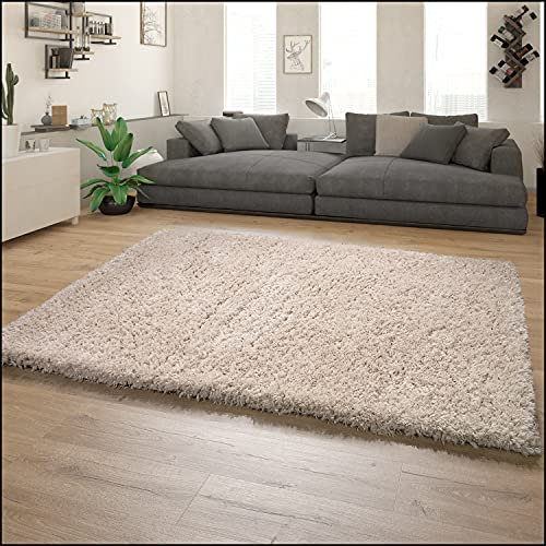 Paco Home Hochflor Teppich Wohnzimmer Flauschig Schlafzimmer Shaggy Modern Weich Einfarbiges Muster, Grösse:120x160 cm, Farbe:Beige