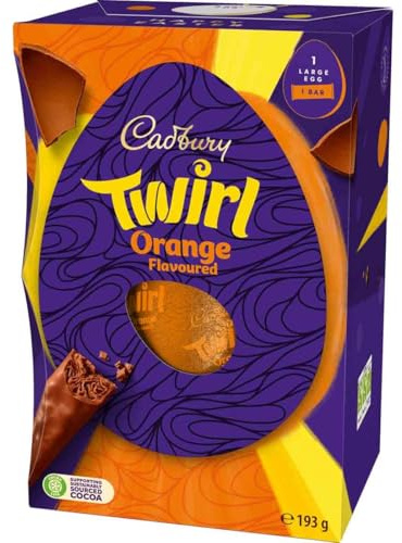 Cadbury Twirl Orange Grand œuf de Pâques avec 1 grand œuf et 1 barre de chocolat, 195 g (lot de 1)