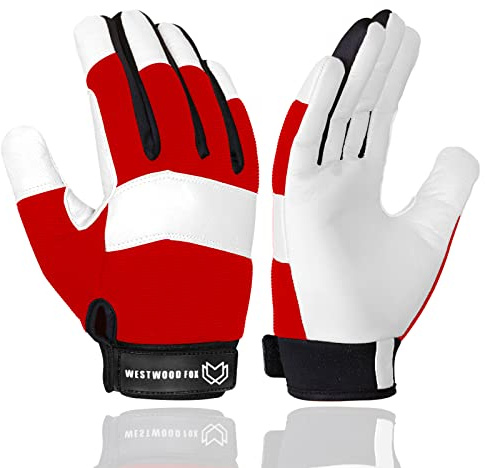 WESTWOOD FOX Gardening Working Gloves Garden Thorn Proof Flexible Heavy Duty Leather Mechanic Utility Dexterity Breathable Construction Gloves for Work Mens Women (Small, Red)