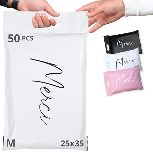 EMBALLAX - 50 Pochettes d’Envoie Colis Vinted - Taille M 25x35cm - Résistante, Opaque, Imperméable - Enveloppe Plastique Expédition - Emballage Envoie Vetement, Boite, Sac - Poignée - Merci