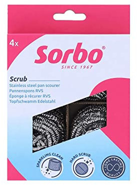 Sorbo Stainless Steel Pan Scourers, 4 Pack, Strong & Durable Scrubbers for Tough Cleaning Tasks – Perfect for Pots, Pans, BBQs, and Ovens