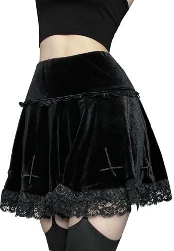 XKBHYD Jupe gothique rock pour femme en velours avec ourlet en dentelle, taille haute, ceinture élastique, ligne A, jupe de soirée, Halloween, automne, hiver, 2 - Noir, XXL