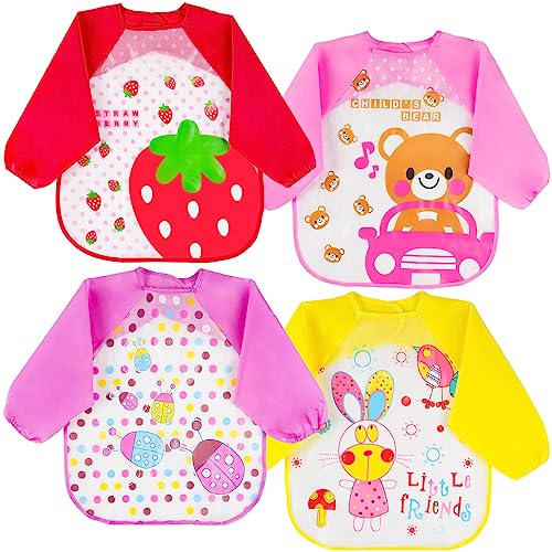 Vicloon Baberos del Bebé Impermeable, 4pcs Babero con Mangas Impermeable Infantil para Pintar con Mangas Largas para Bebes de 0 hasta 24 Meses,Unisex