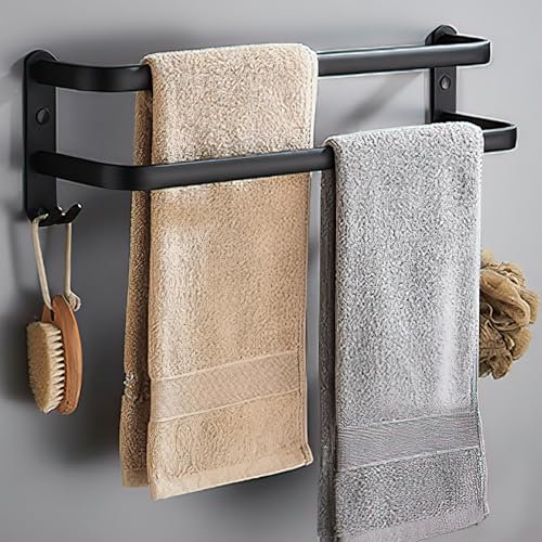 Ticeed Estante de Toallas, 40CM Toalleros de Barra Montado en La Pared con Ganchos Toallero Negro de Aluminio Space con Tornillos Toalleros de Baño con Taladro o con Adhesivo para Hogar y Hotel