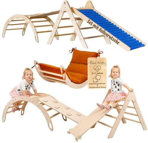 WoodsCraft 4in1 Set: Rollenrutsche, Kletterdreieck, Kletterbogen & Rampe | mit hypoallergen Kissen für Kletterbogen, holz Montessori Klettergerüst indoor, Babyrutsche, Klettern Baby & Kinder