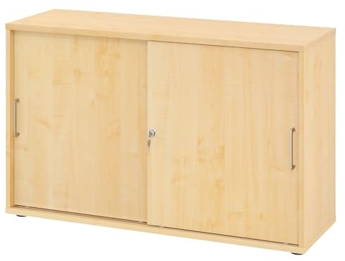 bümö Schiebetürenschrank 2OH - Aktenschrank abschließbar, Sideboard Schrank mit Schiebetüren in Ahorn, Bügelgriff - Büroschrank aus Holz mit Schiebetür, Büro Kommode für Ordner & Co.
