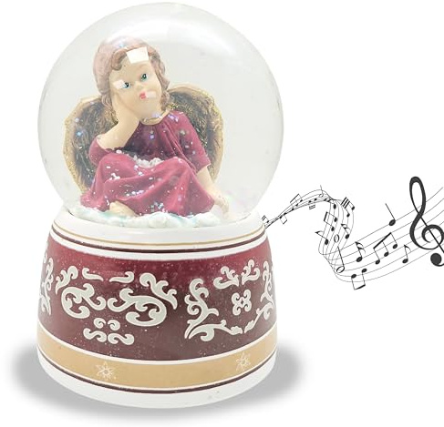 Schneekugel Weihnachten mit Musik | Engel rot verträumt Gold | Sockel rot Gold Ornamente | H: 14cm B: 10cm | Schüttelkugel Weihnachtsdekoration mit Spieluhr | 20033 (Engel rot auf rot Ornamente)