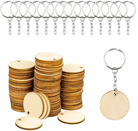 100 Stück Set Holzscheiben mit Schlüsselanhänger Holz Holzplättchen Langlebig Leicht Schlüsselanhänger Holz Holzanhänger für DIY Basteln Malen, Handwerk Dekoration Zubehör