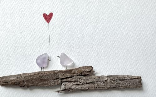 Seeglas Bild Liebe Vögel auf Ast mit Herz gerahmtes Unikat handgefertigt Meerglas und Holz romantisches Geschenk für Verliebte Freundin Frau