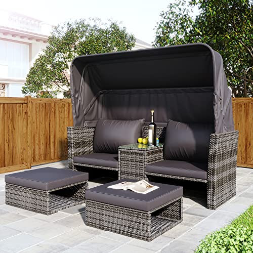 Rattan-Möbel-Set für den Außenbereich, mit einziehbarem Baldachin, 2-Sitzer-Sofa, Mitteltisch, Ottomane und Kissen, PE-Rattan, Zweisitzer für Hinterhof, Garten, Pool, Balkon, Grau