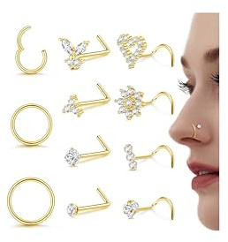 Milacolato 20G Piercing Nez en Acier Chirurgical Clicker Piercing Nez Anneaux CZ en Forme de L et en Spirale Anneaux de Piercing au Nez Or pour Femme