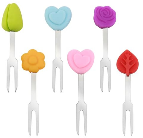 Forchette da frutta in acciaio inox, mini stuzzicadenti riutilizzabili, con decorazione in silicone, stuzzicadenti colorati facili da pulire (6)