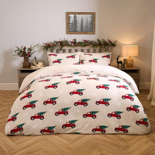 OHS Christmas Natural Fleece Bedding, Winter Warm Duvet Covers Soft Fluffy Quilt Covers with Pillowcases Fluffy Bedding Double Reverse Fur Fleece Duvet Covers - Cream