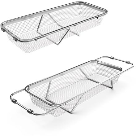 WAGENSTEIGER Extendable Dish Rack with Feet, Vegetable Colander Basket, Stainless Steel Dish or Silverware Drying Rack, Ultimate Kitchen Organizer Over The Sink (12.40 x 5.12 x 2.36 Inches)
