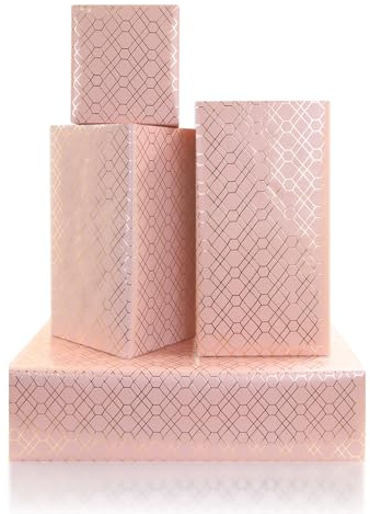Elegant lyxig geometrisk omslagspapper rulle i babyrosa med guldfolie abstrakt romb gitter presentpapper för bröllop, baby shower, födelsedag, möhippa – 1 minirulle – 43 x 300 cm