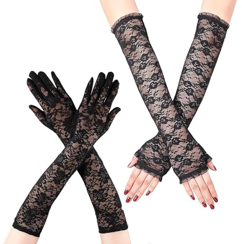 Gants longs en dentelle noire pour femmes, ensemble de gants en dentelle sans doigts et gants longueur coude pour les fêtes, mariages et soirées