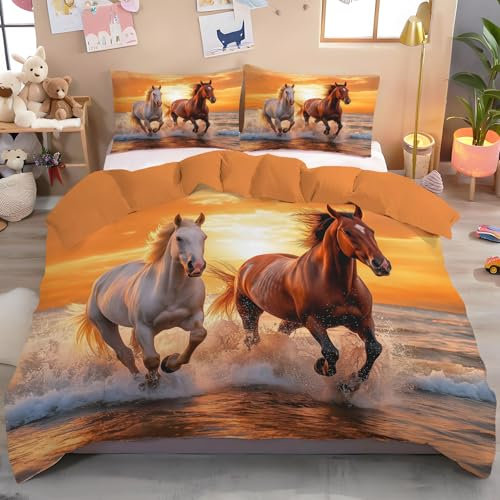 MULERN Singolo Set Copripiumino in Stile Animali Sulla Spiaggia Al Tramonto, Completo di Biancheria da Letto con Motivo Cavalli, 3 pezzi Copripiumino Ultra Morbido Microfibra Reversibile, con Federa
