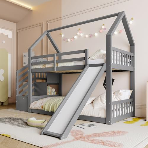 Wyibwy Lit Cabane Enfant 90x200cm avec escalier de Rangement et Toboggan,Lit superposé Enfant avec barrière,Pin + MDF,Cadre de lit pour Enfants et Adolescents,sans Matelas,Gris