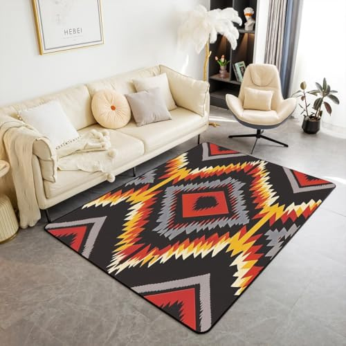 Loussiesd Alfombra azteca occidental para sala de estar para dormitorio, 150 x 200 cm, color negro, rojo, naranja, geométrico, estilo suroeste, decoración para niños, niñas, adolescentes, vintage