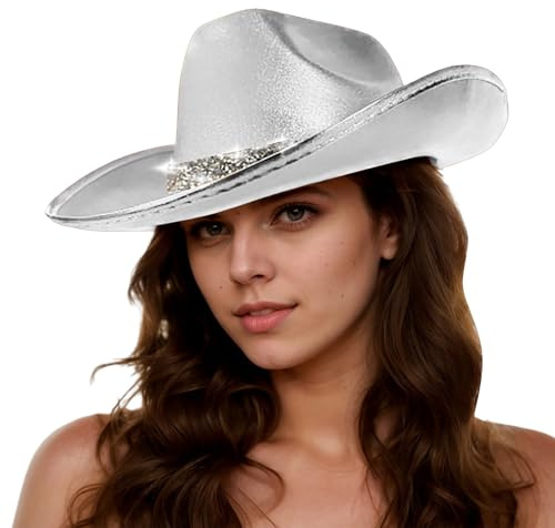 2026 Accessoires de performance de scène Rave-Party Style décontracté Chapeau de cowboy brillant, argenté, taille unique